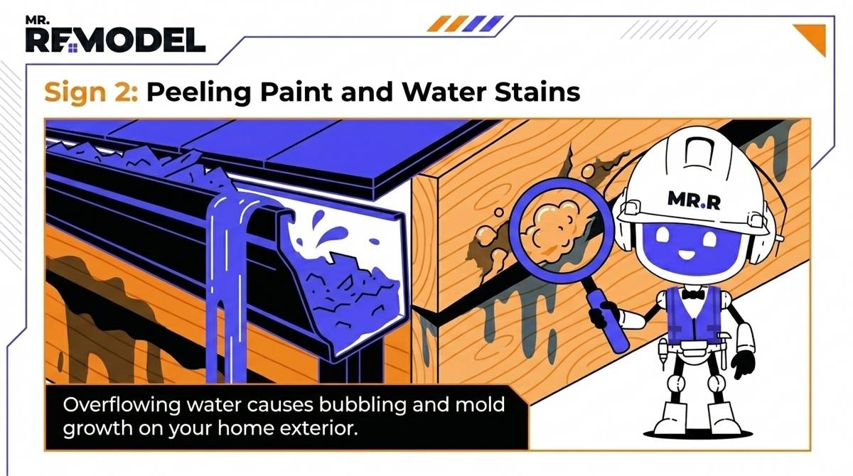 Exterior home siding showing bubbling, peeling paint and dark water stains from persistent overflow. Water splashes over a clogged gutter. A robot mascot inspects with a magnifying glass.